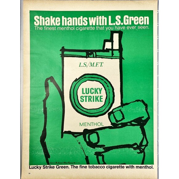 Lucky Strike Green Cigarettes "Shake Hands with L.S. Green" Vtg Print Ad 1967 - Picture 1 of 3